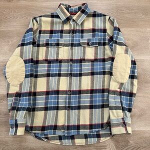 Iron and Resin Shirt Mens Sz M 100% Cotton Elbow Patch Flannel Long Sleeve Plaid